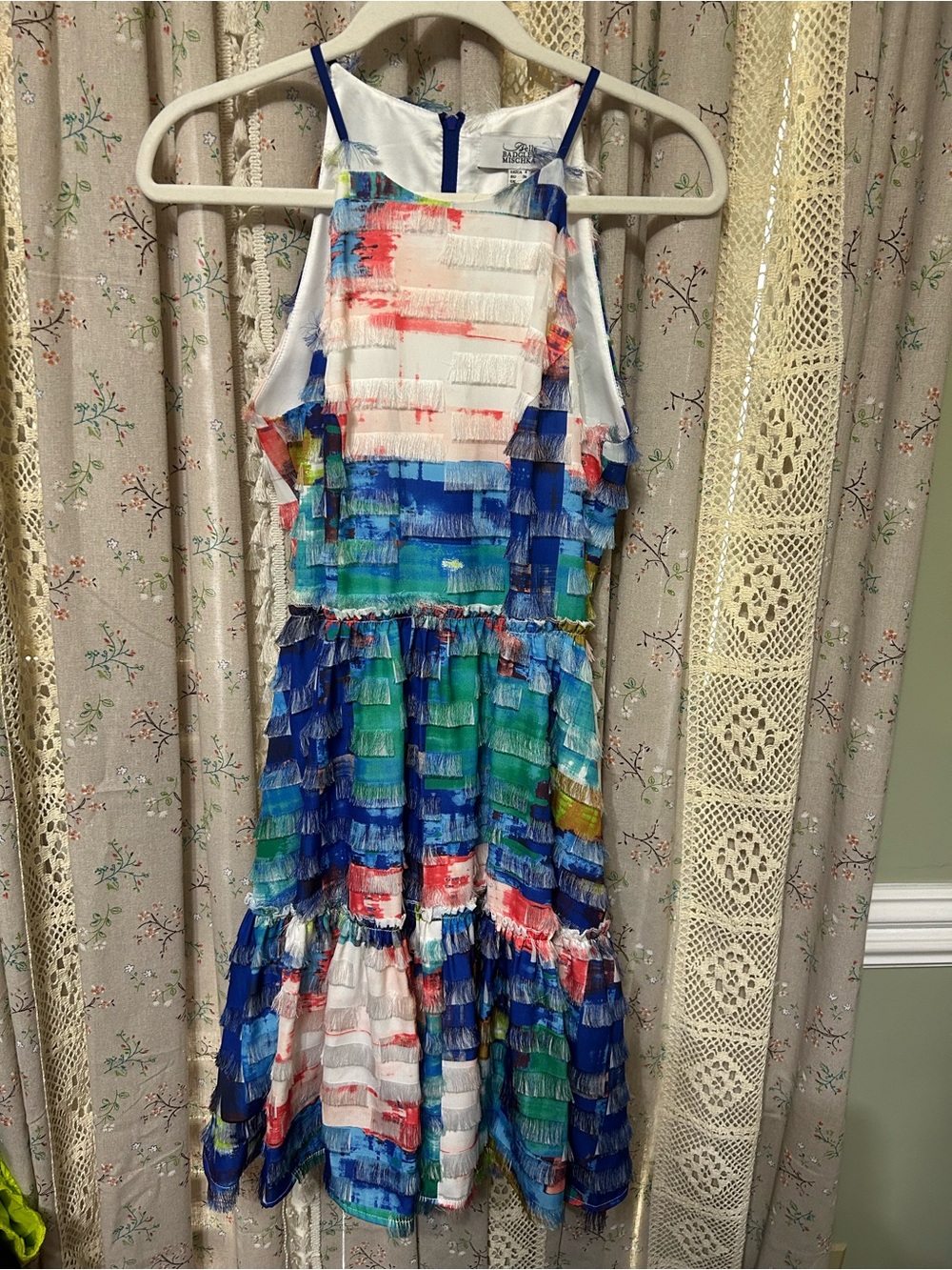Belle Badgley Mischka Fringe Tiered Dress Blue Watercolor Print Size 4‎